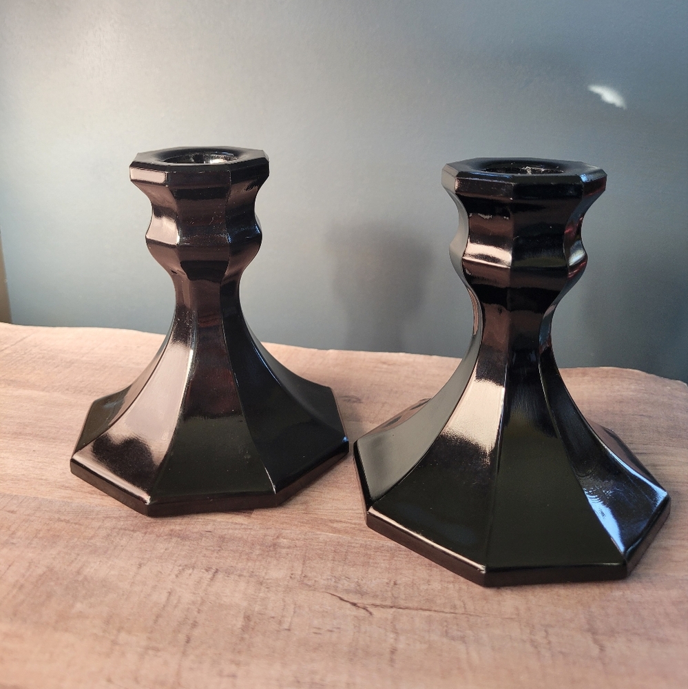 Two (2) Black Amethyst Candle Holders